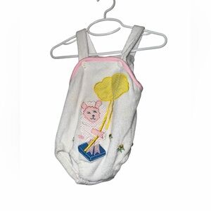 Vintage Bright Eyes baby girls white terry cloth romper sz 12m sheep kite floral